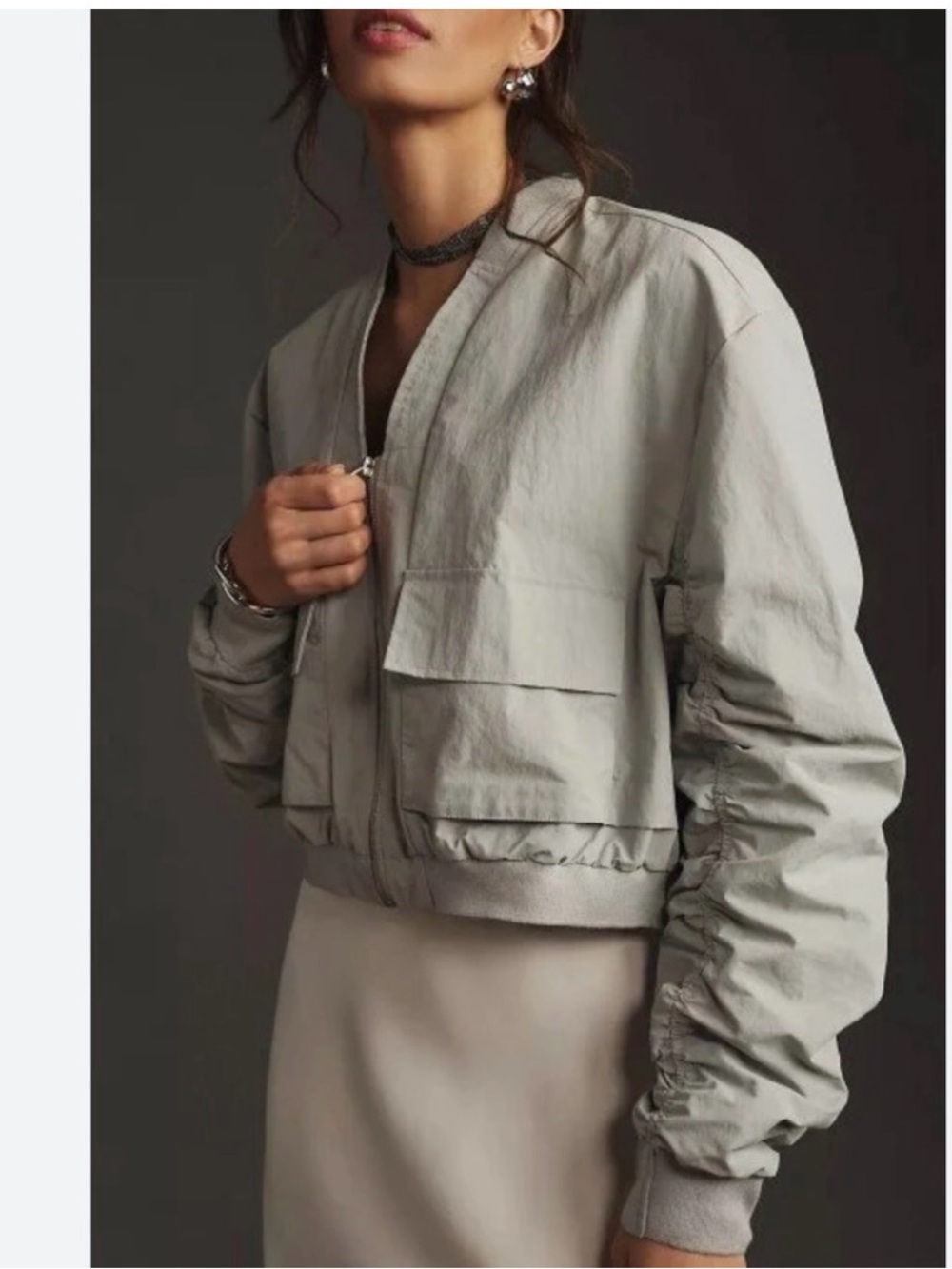 Anthropologie Gray Cropped Bomber Jacket